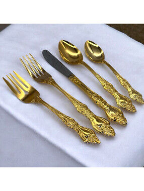 Royal Sealy Gold Plated Stainless Flatware 5 Piece Set RLF1 Japan Ornate Vintage